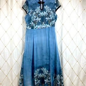 Traditional Chinese influenced floral dress, long, blue, A-line